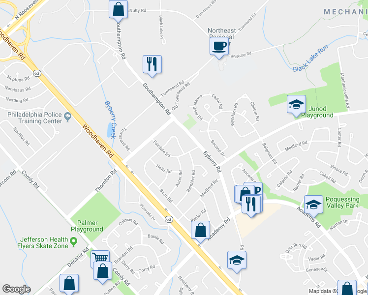 map of restaurants, bars, coffee shops, grocery stores, and more near 3016 Byberry Road in Philadelphia