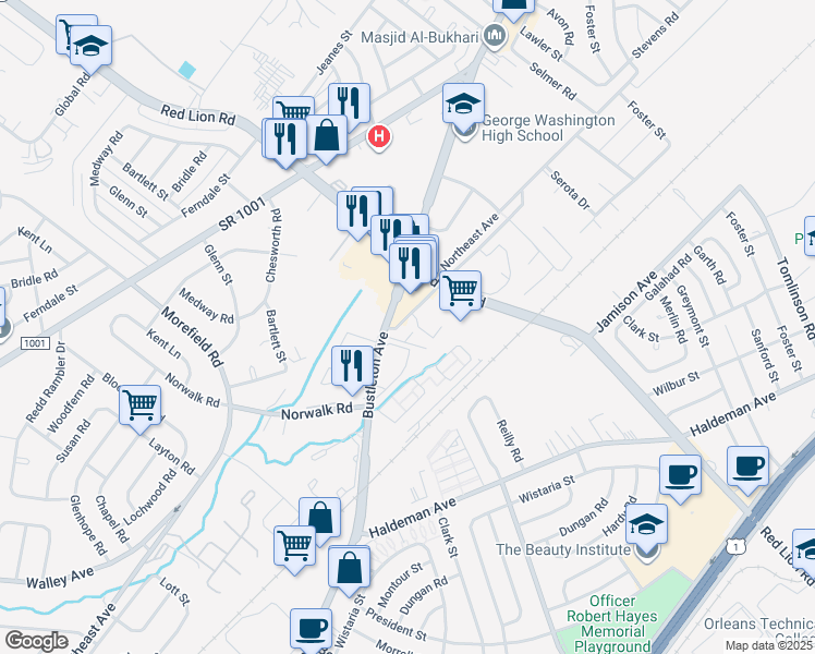 map of restaurants, bars, coffee shops, grocery stores, and more near 9905 Northeast Avenue in Philadelphia