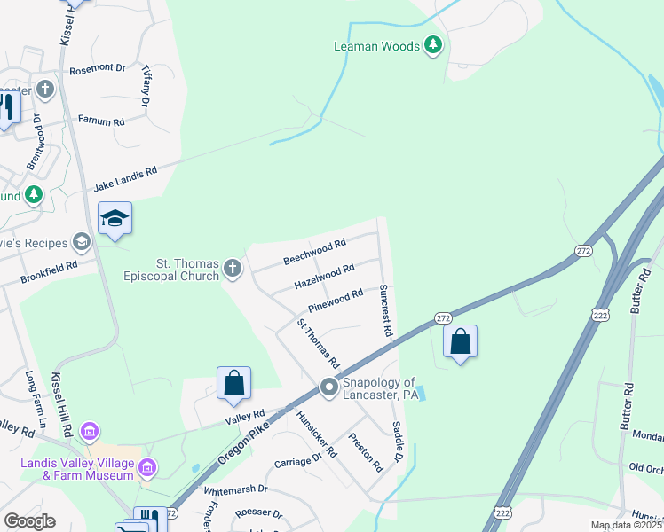 map of restaurants, bars, coffee shops, grocery stores, and more near 218 Overland Lane in Lancaster