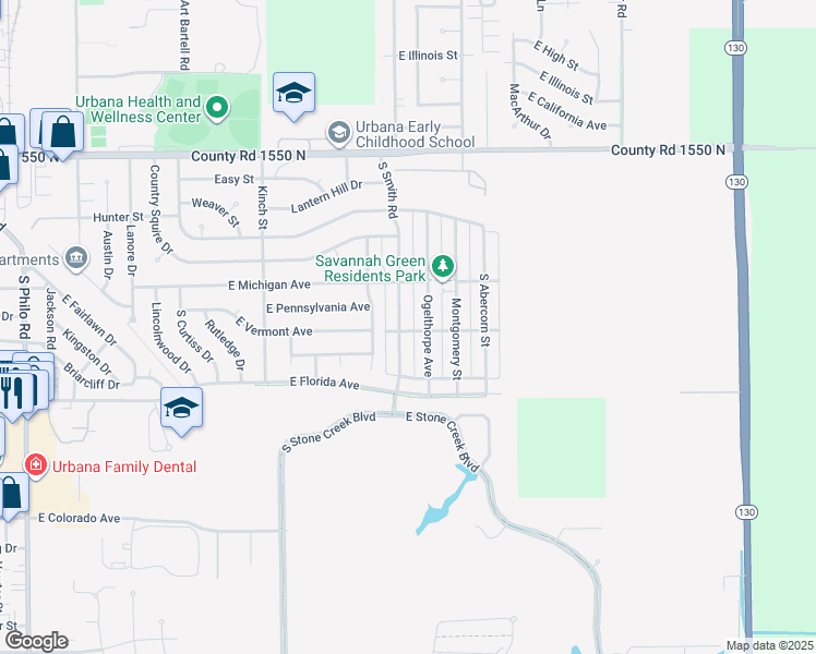 map of restaurants, bars, coffee shops, grocery stores, and more near 1412 South Smith Road in Urbana