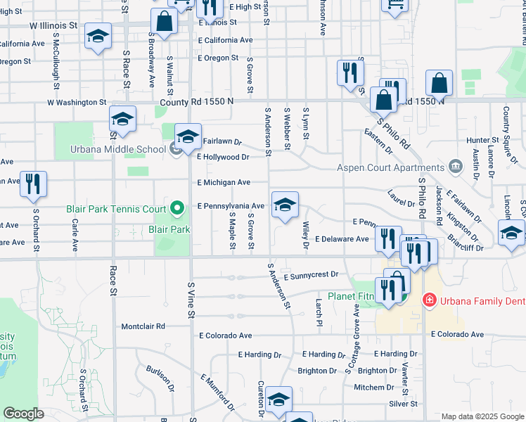 map of restaurants, bars, coffee shops, grocery stores, and more near 702 East Pennsylvania Avenue in Urbana