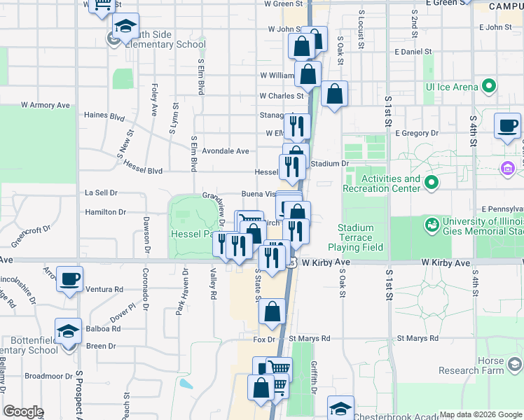 map of restaurants, bars, coffee shops, grocery stores, and more near 1310 South State Street in Champaign