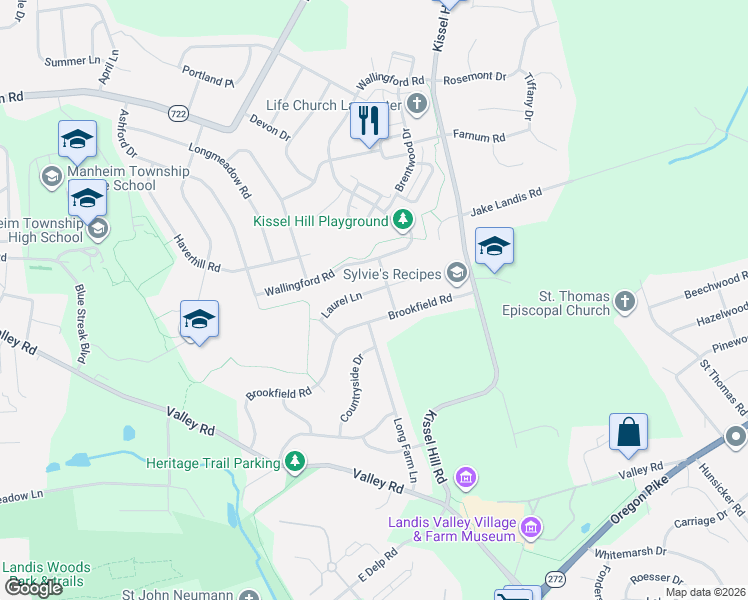 map of restaurants, bars, coffee shops, grocery stores, and more near 595 Laurel Lane in Lititz