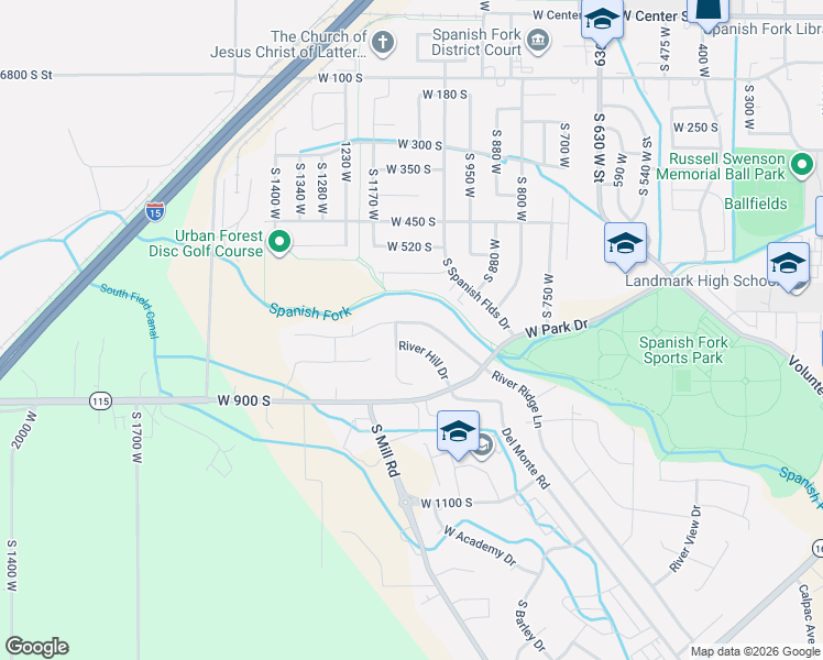 map of restaurants, bars, coffee shops, grocery stores, and more near 1073 West River Ridge Lane in Spanish Fork