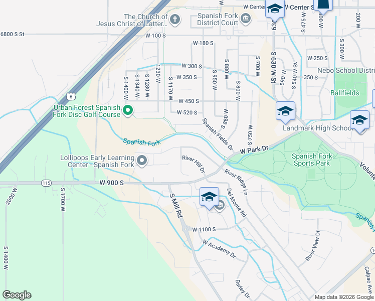 map of restaurants, bars, coffee shops, grocery stores, and more near 1073 West River Ridge Lane in Spanish Fork