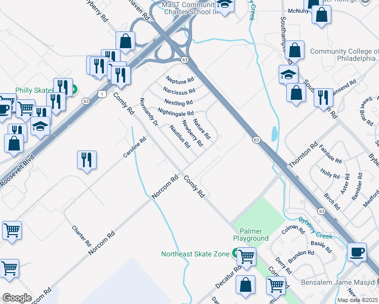 map of restaurants, bars, coffee shops, grocery stores, and more near 2868 Nautilus Road in Philadelphia