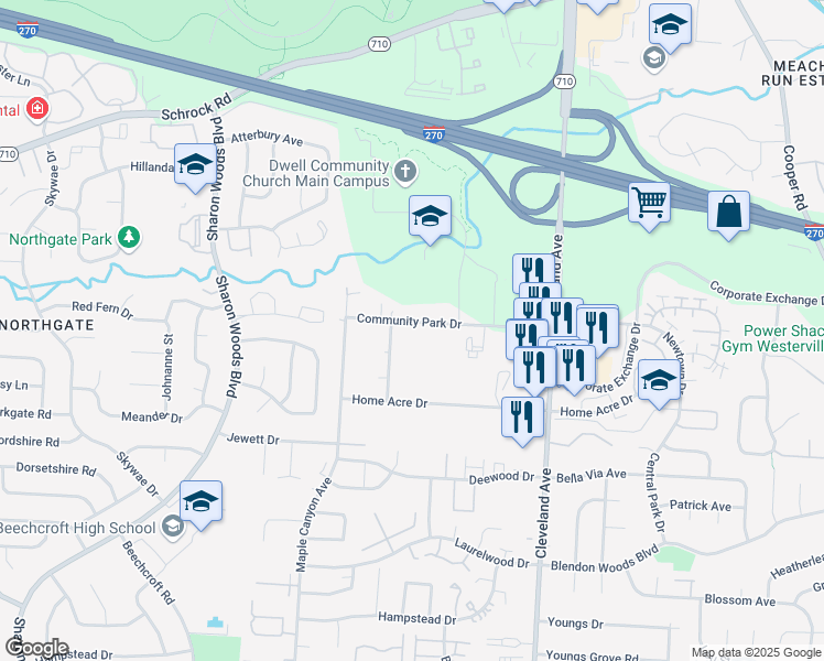 map of restaurants, bars, coffee shops, grocery stores, and more near 1289 Community Park Drive in Columbus