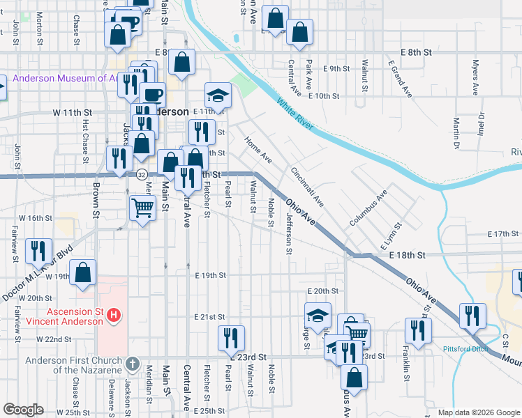 map of restaurants, bars, coffee shops, grocery stores, and more near 1506 Walnut Street in Anderson