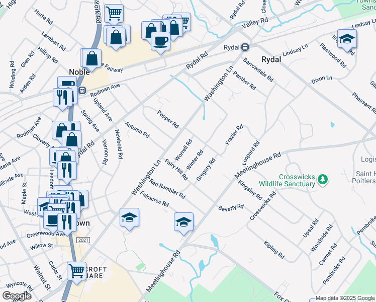 map of restaurants, bars, coffee shops, grocery stores, and more near 845 Worrell Road in Rydal