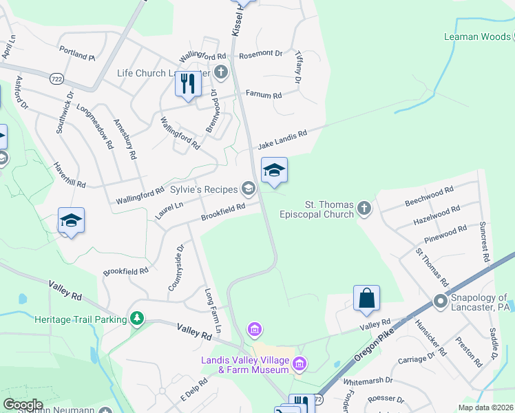 map of restaurants, bars, coffee shops, grocery stores, and more near 2972 Brookfield Road in Lancaster