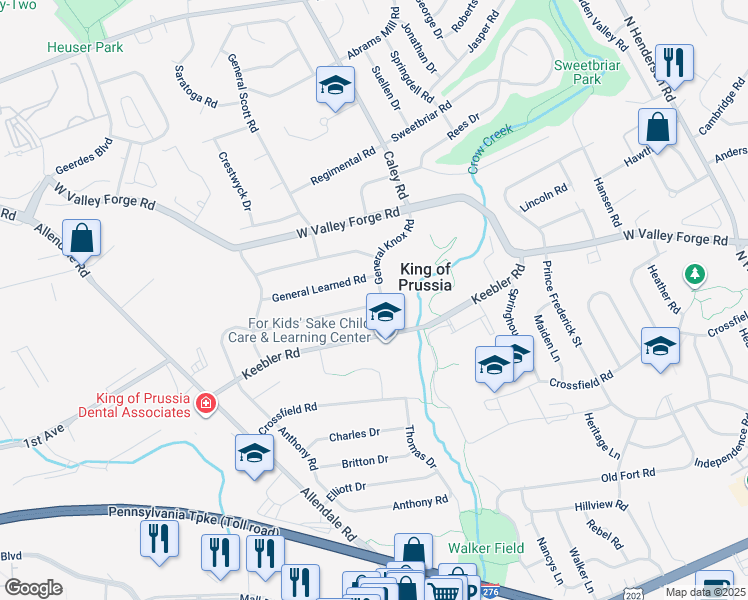 map of restaurants, bars, coffee shops, grocery stores, and more near 497 General Armstrong Road in King of Prussia