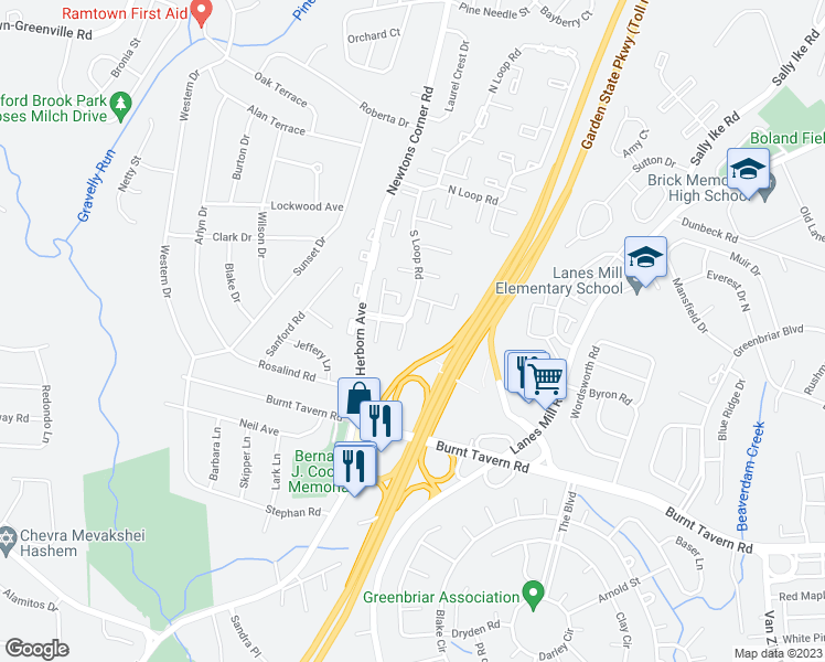map of restaurants, bars, coffee shops, grocery stores, and more near 106 Belinda Court in Brick