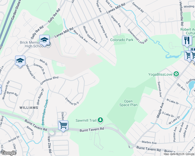 map of restaurants, bars, coffee shops, grocery stores, and more near 19 Piedmont Court in Brick Township