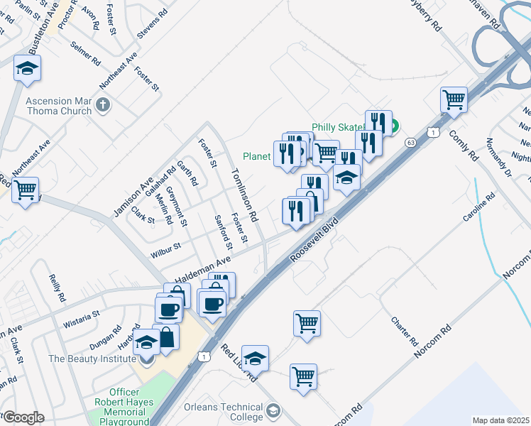 map of restaurants, bars, coffee shops, grocery stores, and more near 2000 Barlow Street in Philadelphia