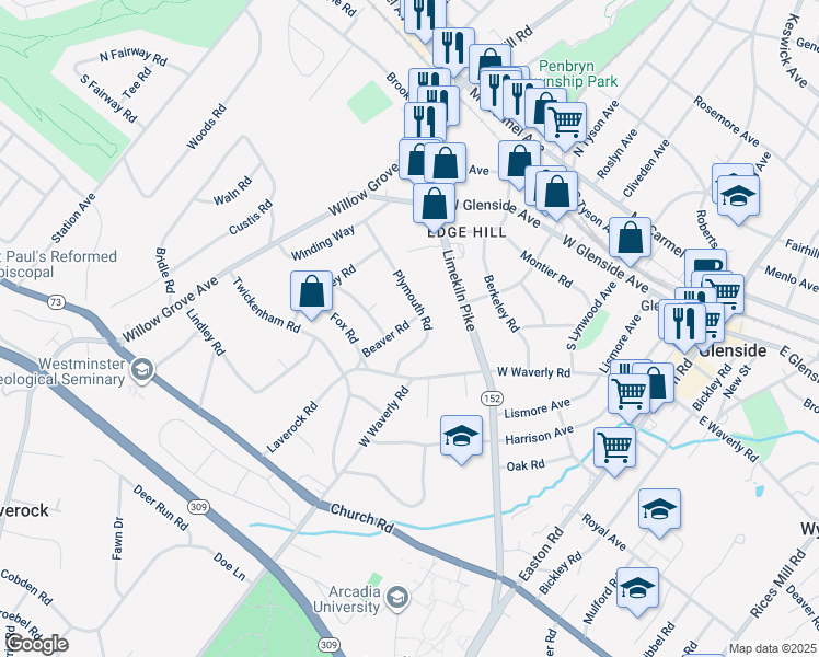 map of restaurants, bars, coffee shops, grocery stores, and more near 511 Beaver Road in Glenside