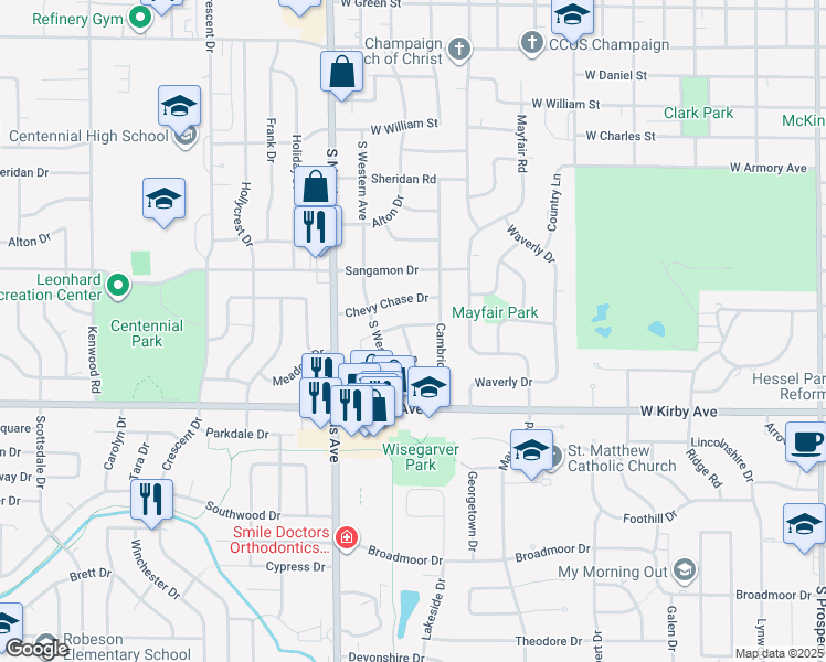 map of restaurants, bars, coffee shops, grocery stores, and more near 1607 Normandy Drive in Champaign