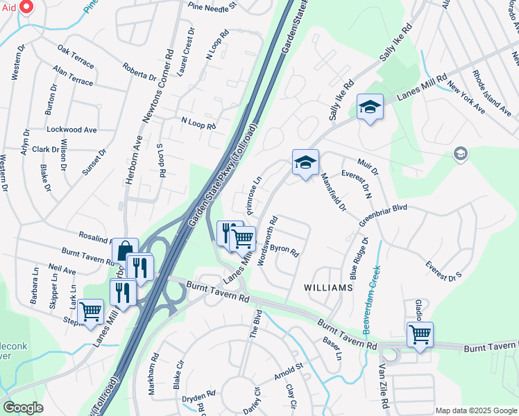 map of restaurants, bars, coffee shops, grocery stores, and more near 96 Primrose Lane in Brick Township