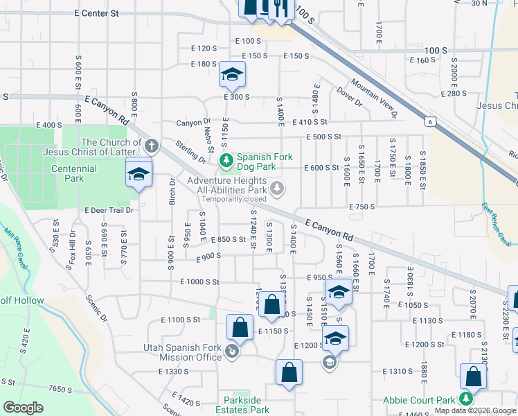map of restaurants, bars, coffee shops, grocery stores, and more near 1340 Utah 198 in Spanish Fork