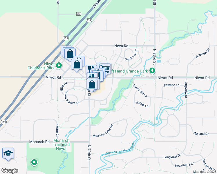map of restaurants, bars, coffee shops, grocery stores, and more near 7980 Niwot Road in Longmont