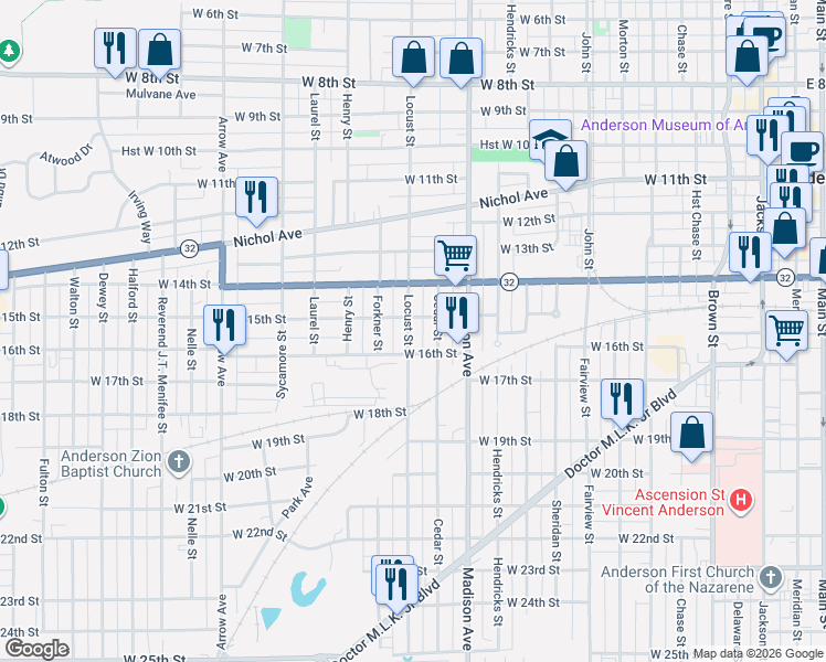 map of restaurants, bars, coffee shops, grocery stores, and more near 1433 Cedar Street in Anderson
