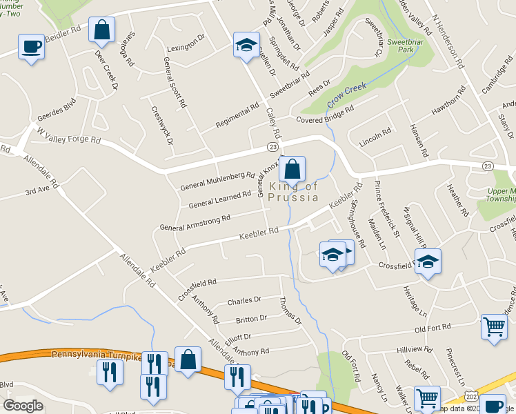 map of restaurants, bars, coffee shops, grocery stores, and more near 497 General Armstrong Road in King of Prussia