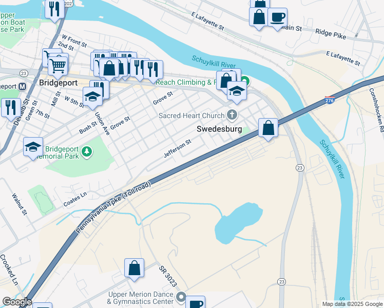 map of restaurants, bars, coffee shops, grocery stores, and more near 707 Pershing Street in Bridgeport