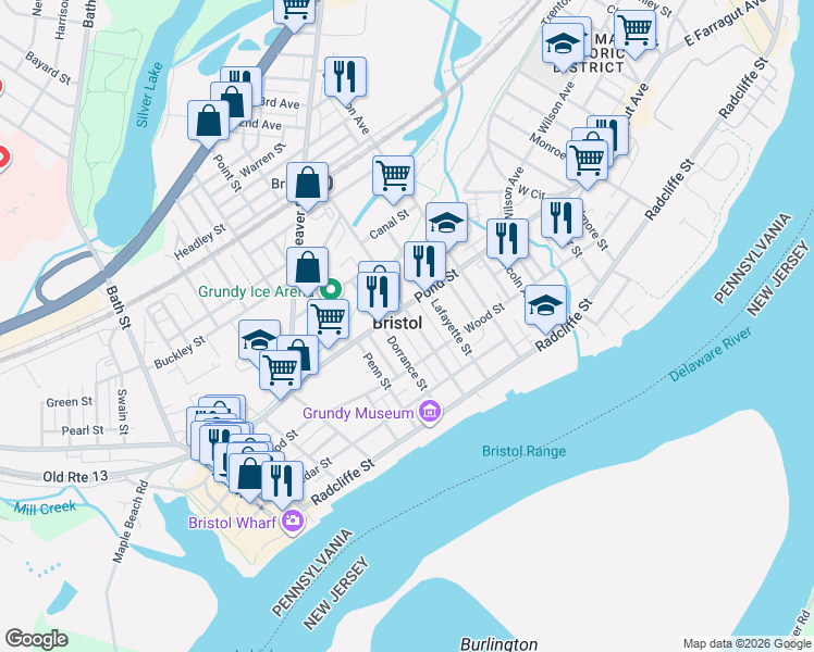 map of restaurants, bars, coffee shops, grocery stores, and more near 346 Washington Street in Bristol