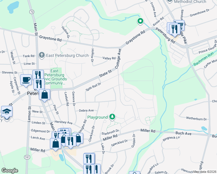 map of restaurants, bars, coffee shops, grocery stores, and more near 2514 Split Rail Drive in East Petersburg
