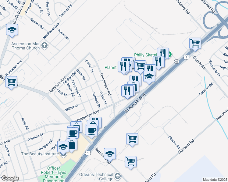 map of restaurants, bars, coffee shops, grocery stores, and more near 2000 Barlow Street in Philadelphia