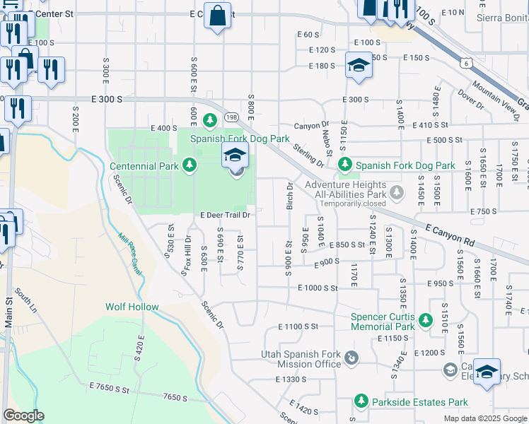 map of restaurants, bars, coffee shops, grocery stores, and more near 675 South 820 East in Spanish Fork