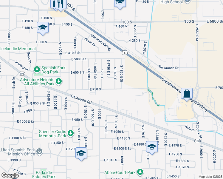 map of restaurants, bars, coffee shops, grocery stores, and more near 713 South 1800 East in Spanish Fork
