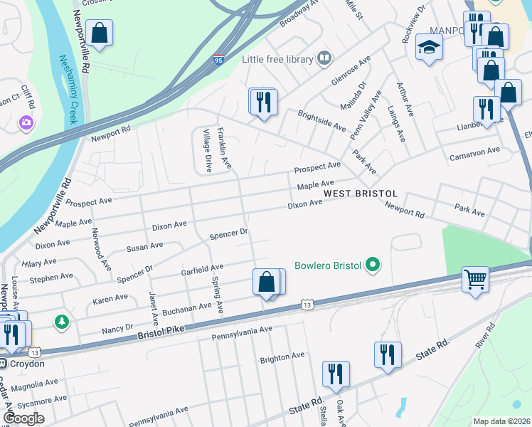 map of restaurants, bars, coffee shops, grocery stores, and more near 2135 Dixon Avenue in Croydon