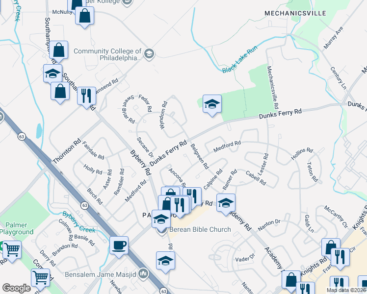 map of restaurants, bars, coffee shops, grocery stores, and more near 12437 Dunks Ferry Road in Philadelphia