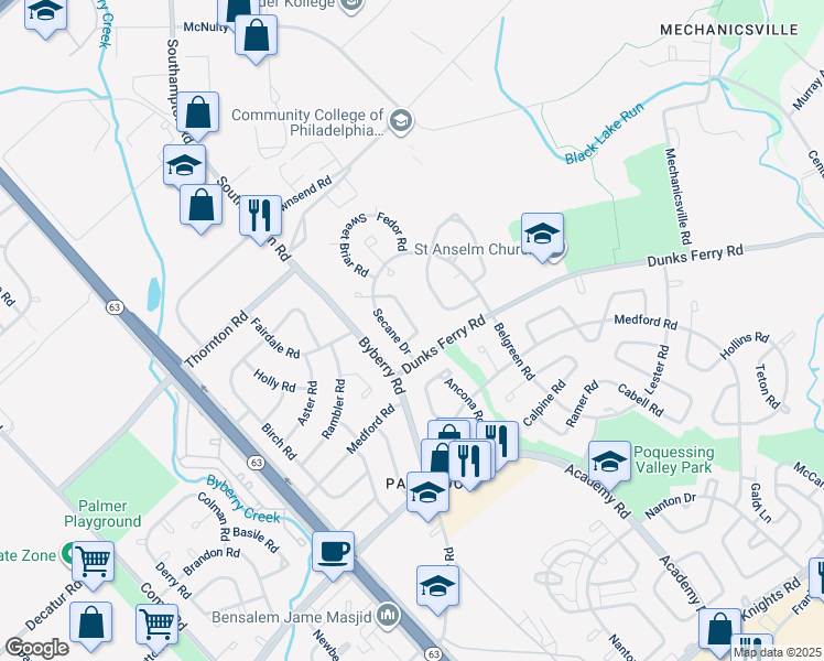 map of restaurants, bars, coffee shops, grocery stores, and more near 12419 Barbary Road in Philadelphia