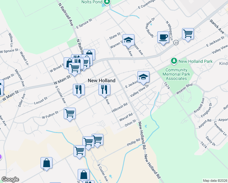 map of restaurants, bars, coffee shops, grocery stores, and more near 226 Brimmer Avenue in New Holland