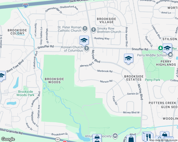 map of restaurants, bars, coffee shops, grocery stores, and more near 6751 Merwin Place in Columbus