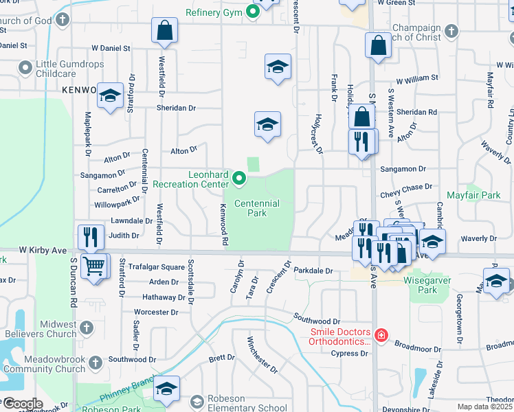 map of restaurants, bars, coffee shops, grocery stores, and more near 2200 West Kirby Avenue in Champaign