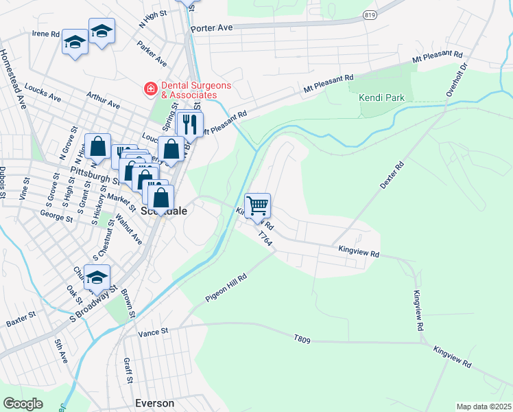 map of restaurants, bars, coffee shops, grocery stores, and more near 118 Broad Street in Scottdale