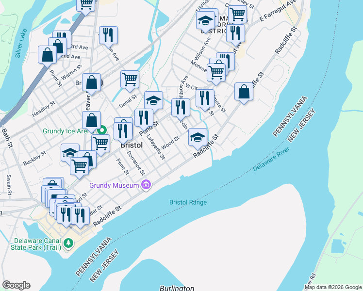 map of restaurants, bars, coffee shops, grocery stores, and more near 1016 Wood Street in Bristol