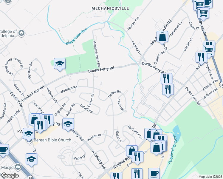 map of restaurants, bars, coffee shops, grocery stores, and more near 12808 Medford Road in Philadelphia