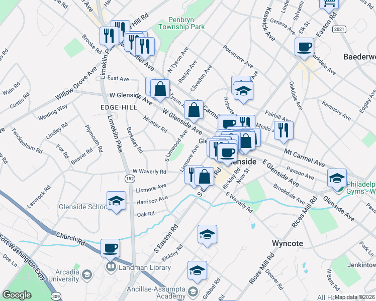 map of restaurants, bars, coffee shops, grocery stores, and more near 141 South Lynwood Avenue in Glenside