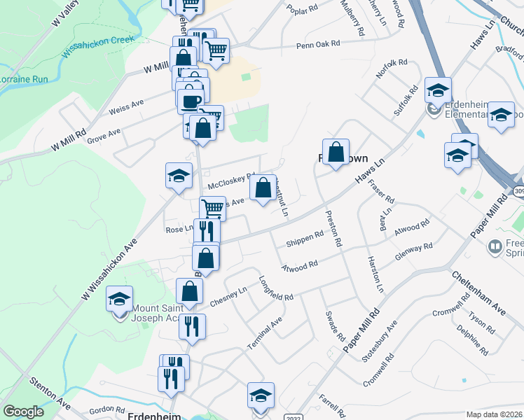 map of restaurants, bars, coffee shops, grocery stores, and more near 46-83 Jones Avenue in Flourtown