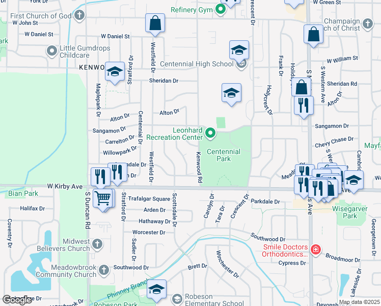 map of restaurants, bars, coffee shops, grocery stores, and more near 2411 Carrelton Drive in Champaign