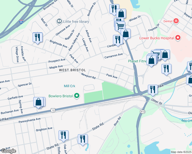 map of restaurants, bars, coffee shops, grocery stores, and more near 626 Newport Road in Bristol