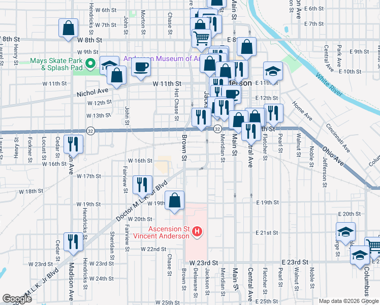 map of restaurants, bars, coffee shops, grocery stores, and more near 1521 Jackson Street in Anderson