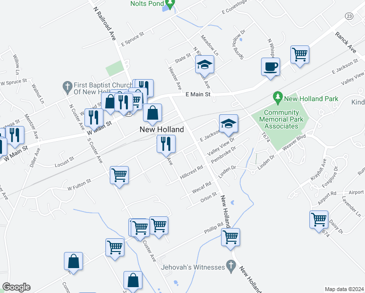 map of restaurants, bars, coffee shops, grocery stores, and more near 239 East Jackson Street in New Holland