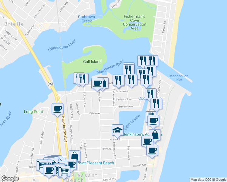 map of restaurants, bars, coffee shops, grocery stores, and more near 99 Baltimore Avenue in Point Pleasant Beach