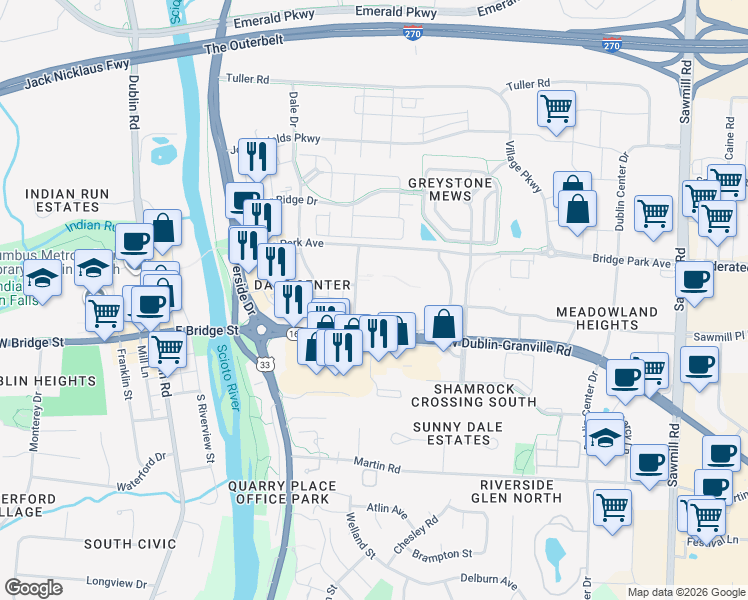 map of restaurants, bars, coffee shops, grocery stores, and more near 1 Dave Thomas Boulevard in Dublin