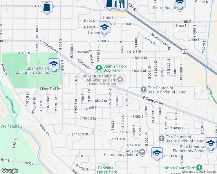 map of restaurants, bars, coffee shops, grocery stores, and more near 1340 Utah 198 in Spanish Fork