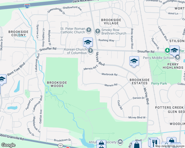 map of restaurants, bars, coffee shops, grocery stores, and more near 6751 Merwin Place in Columbus